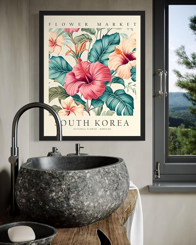South Korea, Hibiscus Art Print Poster, Flower Market Wall Art, Floral Artwork Decor for Bedroom, Kitchen, Bathroom, Livingroom Decoration 52 (South Korea, Hibiscus, 10"L x 8"W, Black Frame)