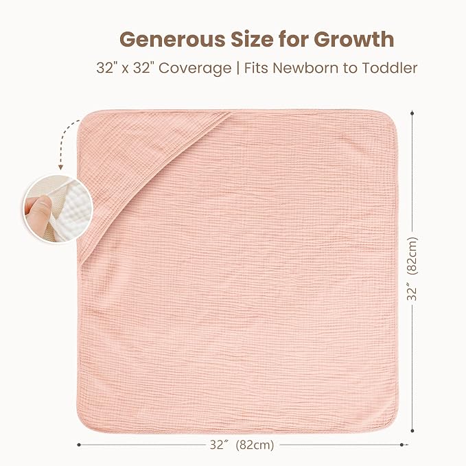 Konssy 2-Pack Muslin Hooded Baby Towels, 100% Cotton, Ultra-Soft & Absorbent Baby Bath Towels with Hood for Newborn & Infant (Pink, Stripe, 32" x 32")