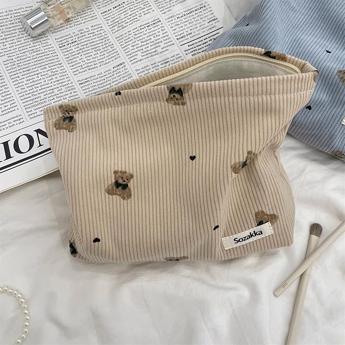 uekeboag 2Pcs Cute Small Soft Corduroy Zipper Makeup Bag for Purse, Coquette Aesthetic Pouch with Bear Pattern for Women Girls, Kawaii Travel Cosmetic Bags（Taupe Set）