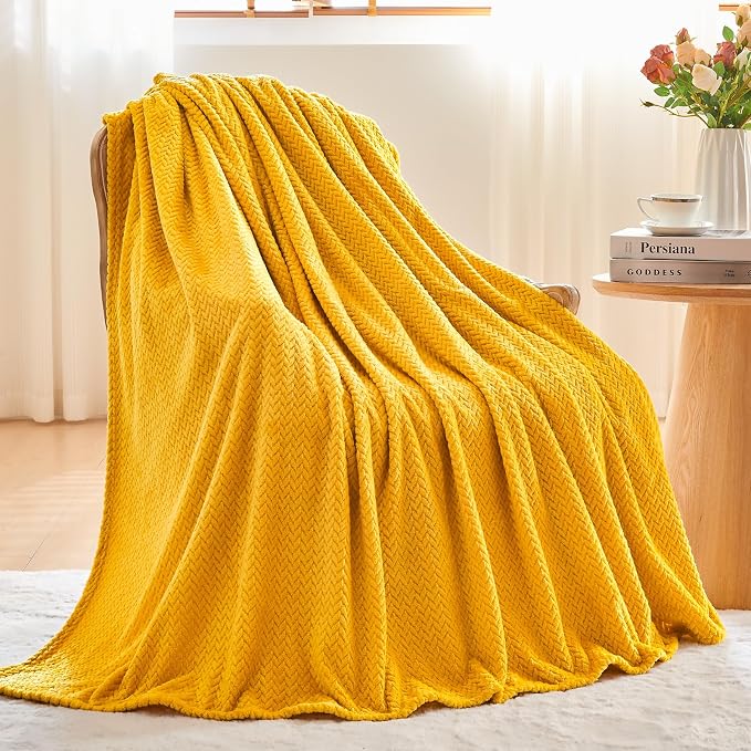 NEWCOSPLAY Fleece Leaves Pattern Queen Blanket, Mustard Yellow, 90"x90" | Super Soft Throw Blanket, Lightweight Cozy Bed Sofa Blanket, Premium Silky Flannel Fleece, Travel Blanket for All Season Use