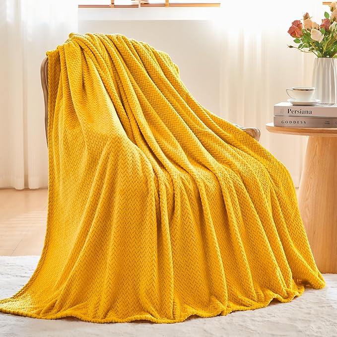 NEWCOSPLAY Fleece Leaves Pattern Twin Blanket, Mustard Yellow, 60"x80" | Super Soft Throw Blanket, Lightweight Cozy Bed Sofa Blanket, Premium Silky Flannel Fleece, Travel Blanket for All Season Use