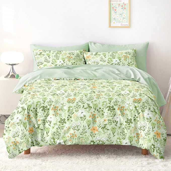 Wake In Cloud - Floral Bedding Set for Girls, Cute Colorful Botanical Flowers Patterned Soft Lightweight Comforter Set with Sheets, 7 Pieces Kids Bed in a Bag, Green, Full Size