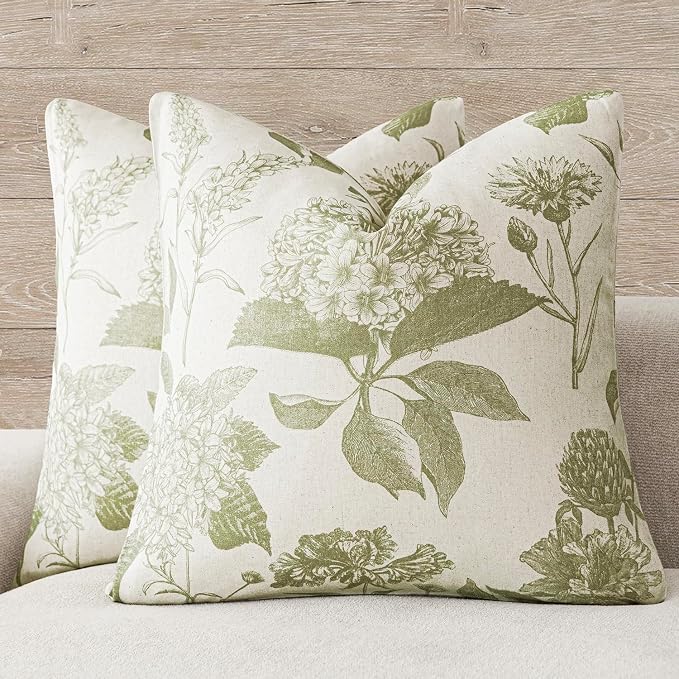 Foindtower Set of 2 Linen Floral Throw Pillow Covers Vintage Accent Print Decorative Cozy Cushion Covers Farmhouse Boho Home Decor for Sofa Chair Couch Bedroom Living Room,18×18 Inch,Light Green