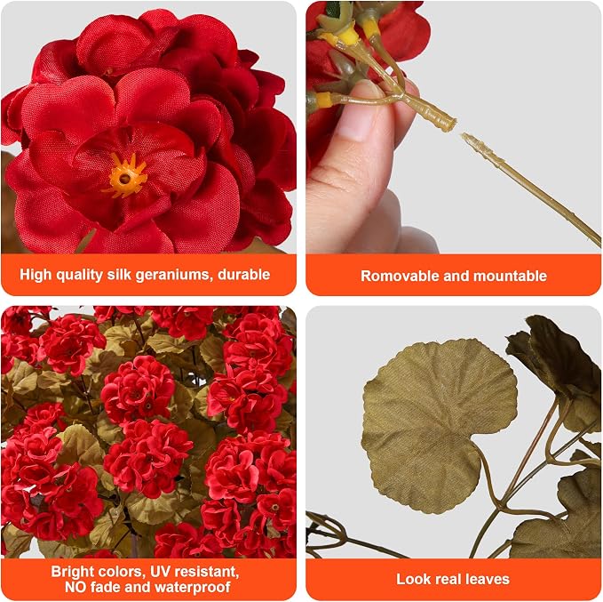 Fake Geraniums Artificial Flowers for Outdoors Fall Autumn Decoration, 6 Bundles Silk Geraniums Look Real Faux Fall Flowers Plants for Front Door Garden Planter Patio Balcony Yard Home Indoor, Red