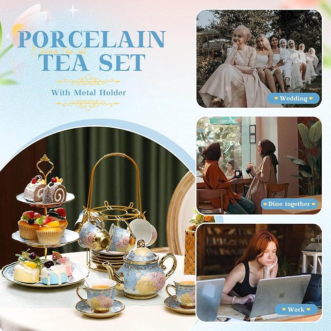 21 Pcs Ceramic Teapot Set Vintage Porcelain Tea Cups with Metal Holder and High Tier Cupcake Stand Saucers for Women Girls Farmhouse European Weddings Party Decor Gifts(Blue,Elegant)
