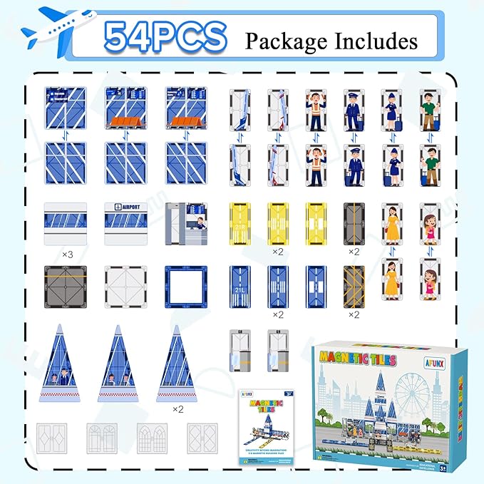 Magnetic Tiles, 54PCS Airport Theme Building Blocks Set, Magnet Building Blocks and STEM Preschool Educational Toys for Kids Toddlers Ages 3-5 5-7 8-10