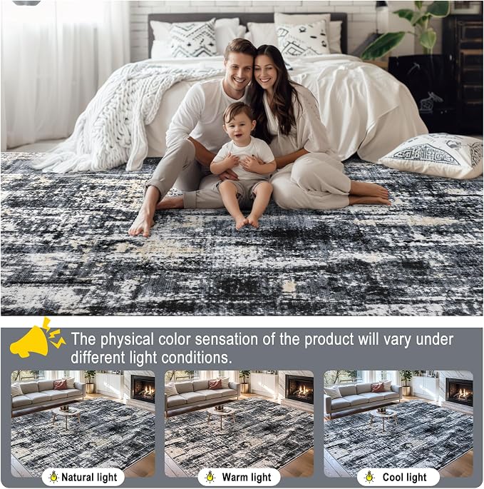 8x10 Area Rugs for Living Room - Washable Rug Modern Abstract Soft Large Neutral Non-Slip Carpet Indoor Floor Thin Carpets for Bedroom Dining Room Farmhouse Nursery Home Office Black Gold