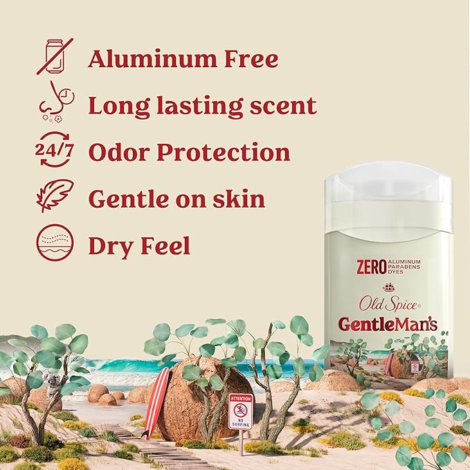 Old Spice GentleMan's Aluminum Free Dry Feel Deodorant for Men,24/7 Lasting Freshness,Gentle on Skin with Skin Conditioners,Eucalyptus + Coconut Oil Scent,3.0 oz,(Pack of 6)