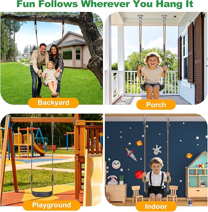 SELEWARE Plastic Swing Seat, Non-Slip Tree Swing for Kids & Adults, Heavy Duty Playground Swing Set Accessories with Adjustable Ropes, Comfortable U-Shape Swing for Indoor/Outdoor Backyard, Black