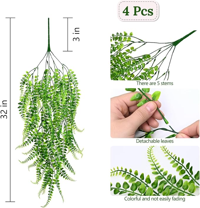 Waipfaru 4Pcs Fake Ferns Fake Hanging Plants Artificial Ferns Vine Greenery | UV Resistant Faux Outdoor Plants Ivy Vines for Modern Boho Patio Outdoor Indoor Party Wall Porch Gazebo Aesthetic Decor