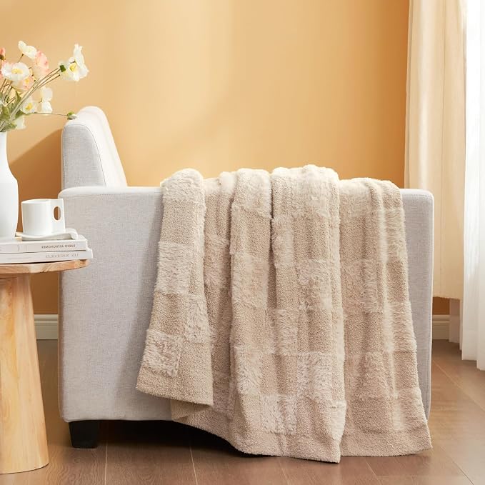 Snuggle Sac Checkered Throw Blanket Faux Fur Microfiber Blankets for Couch,Cozy Soft Warm Blanket for Sofa Bedroom Living Room,Solid Beige,50x60 inches