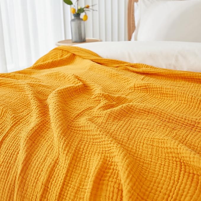 EMME Muslin Blankets for Adults Throw Blanket for Couch Breathable Gauze Soft Lightweight Airy Mustard Yellow King 108" x 90"
