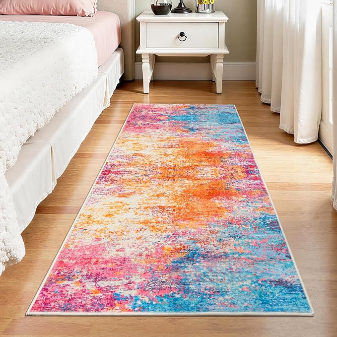 Rugflix 2x8 Runner Rug for Entryway, Washable Colorful Rainbow Runners | Machine Washable; Stain-Resistant; Low Pile; Non-Slip; Modern Abstract; Carpet for Entryway Kitchen Hallway Home