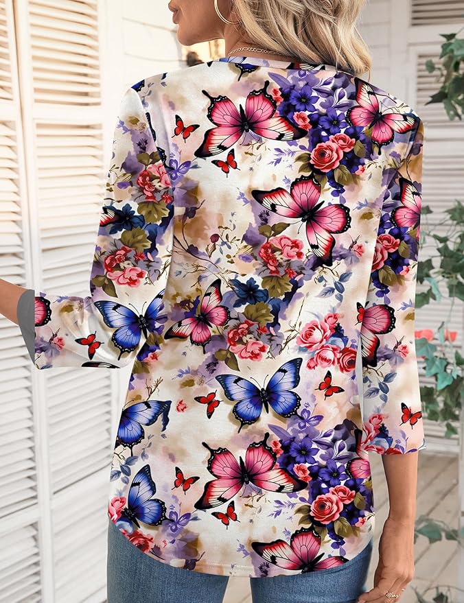 LOMON 3/4 Length Sleeve Womens Tops Spring Summer Fashion 2026 Tops Crew Neck Pleated Shirts Tunic Top Loose Fit