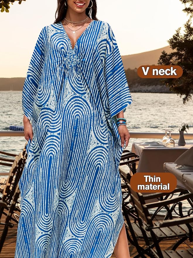 ChiaoLezhee Print Moo-Moos for Women, Kaftan Cover-Up Dresses, Sexy V-Neck High-Slit, Beach Pool-Party Coverups Muumuu Plus