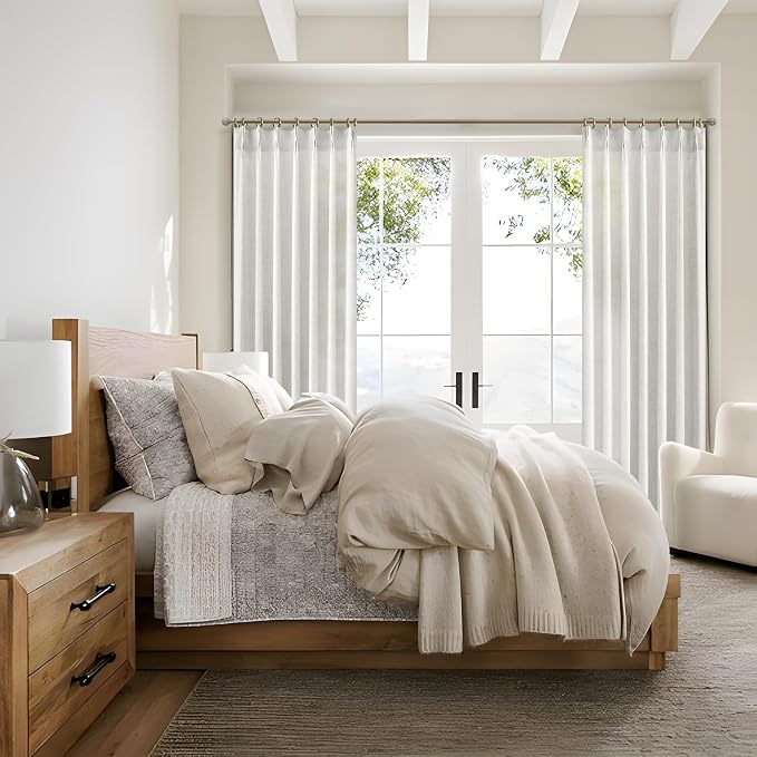 Custom Beige White Lush Decor Viral 95 Inch Curtains 2 Panel Set for Sliding Glass Doors, Elegant Pinch Pleated Thick Linen Sheer Curtain Light Filtering Privacy 94-96 Inches Window Drapes with Design