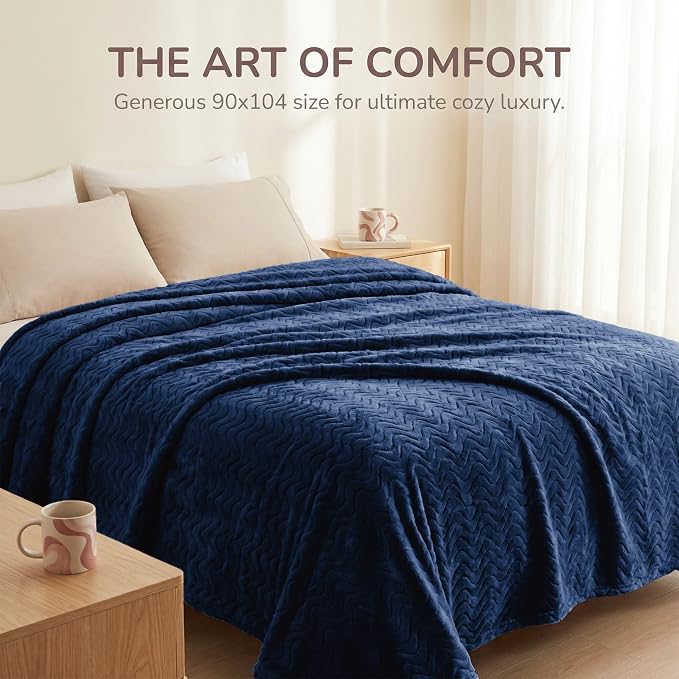 Exclusivo Mezcla Soft Fleece Blanket Queen Size for Bed, Sofa, Navy Blue | 90"x90" Breathable Lightweight Flannel Blanket for Summer, Plush Cozy Jacquard Wave for Home Decor