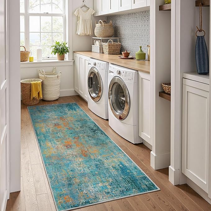 RELEANY Washable Runner 2'x10' Abstract Area Rug for Hallway Teal Multi | carpet for kitchen, entryway, bathroom, living room, bedroom, printed pattern, non-slip, soft, stain-resistant, easy to clean