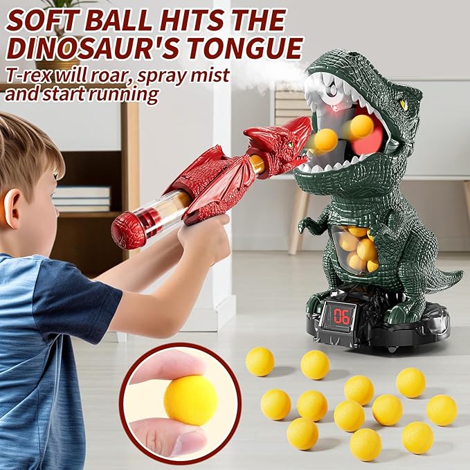Dinosaur Shooting Boy Toys for Kids Age 3 4 5 6 7 8 - Moveable Shooting Game with Scoreboard, Light & Sound, 12 Foam Balls, Boy Toddler Toys 5-7 6-8 8-10, Competition Game Gifts (Dark Green)