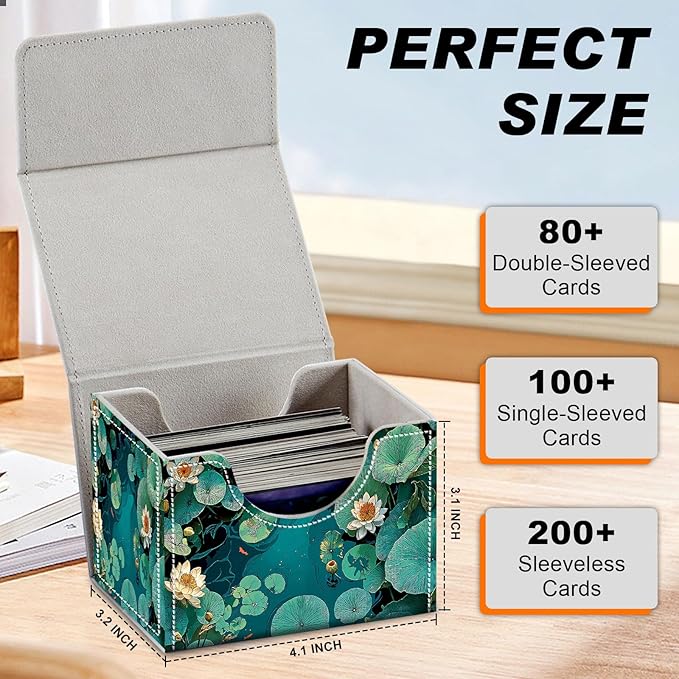 Card Game Storage Box TCG Deck Box MTG Card Box Organizer Trading Card Case Commander Deck Box TCG Card Storage Box Magnetic Closure Creative Pattern Up to 200 Cards, Green Pond Lotus Leaves