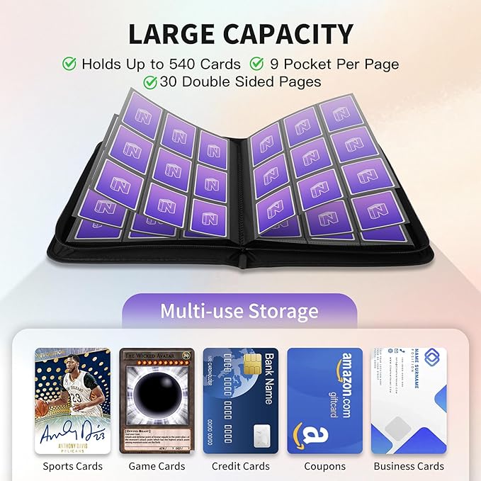 Trading Card Binder, Premium 9 Pocket 540 Double Sided Pocket Collection Binder, Card Album for TCG Card Holder for Game Card, Sports Card, Yugioh, MTG etc(Purple)