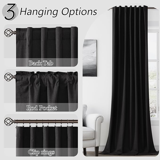 Guken Black 100% Blackout Curtains 108 Inch Length 2 Panels Set for Living Room Bedroom Back Tab Thermal Insulated Black Out Linen Drapes Room Darkening Window Curtains 52x108
