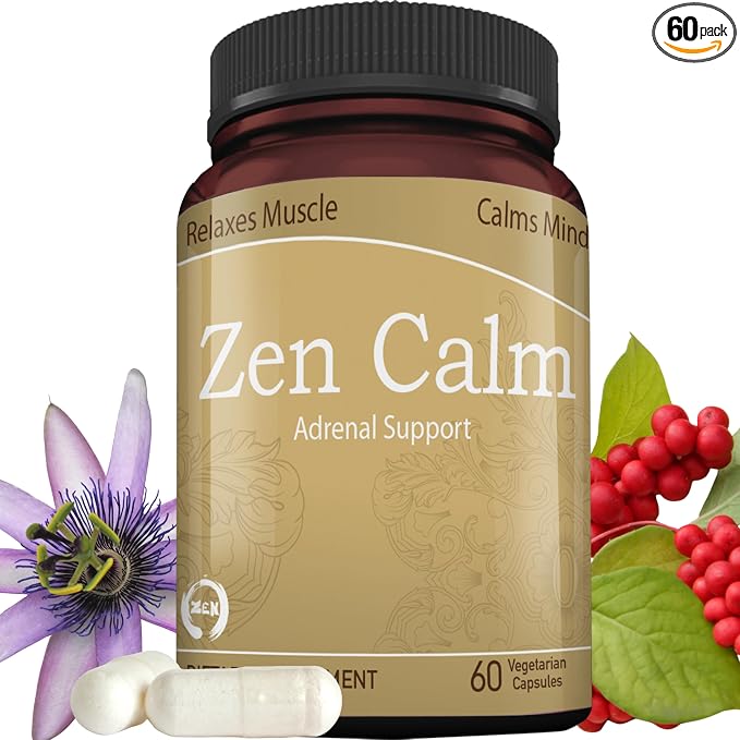 Zen Calm Stress Adrenal Support Supplement Organic Adaptogenic Herbs - Magnesium, B Vitamins, GABA & More to Support a Natural Calm. Non-Drowsy. Non-GMO (60 Veggie Caps)