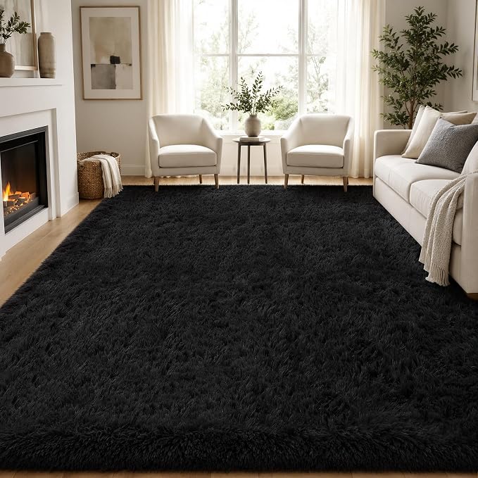 Area Rug for Living Room Bedroom: 9x12 Black Soft Fluffy Shag Upgrade Non-Slip High Pile Carpet Large Fuzzy Plush Indoor Floor Decor Shaggy Rug for Kid Boys Girls Dorms Playroom Nursery Modern Home