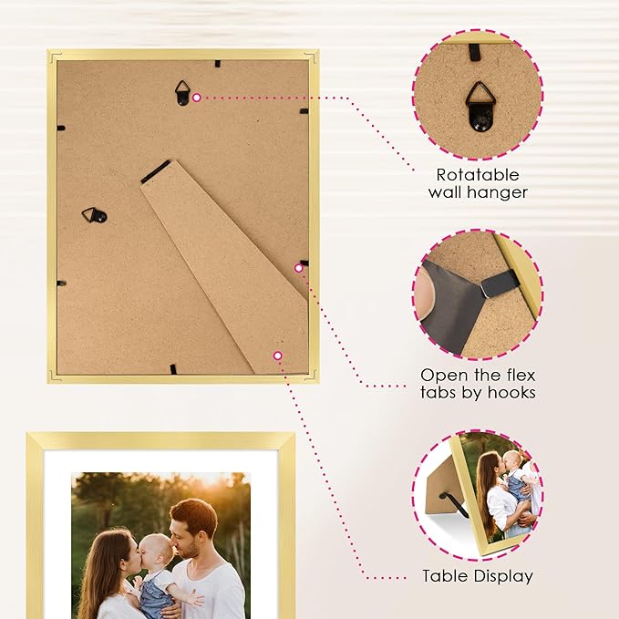 8x10 Picture Frame Set of 2, Gold Picture Frames Collage for Tabletop or Wall Display, Photo Frame with HD Plexiglass, Display Pictures 5x7 with Mat or 8x10 Without Mat
