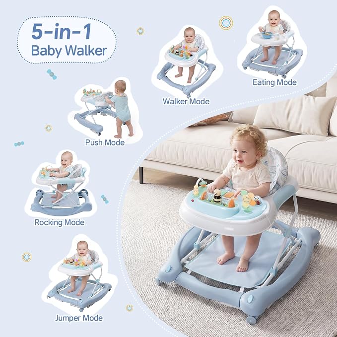 5 in 1 Baby Walker, Music and Lights Foldable Baby Walker with Wheels, 3 Adjustable Heights, with Bouncer Combo, Rocker, Activity Walker for Baby Boy and Girl 6-18 Months (Blue)