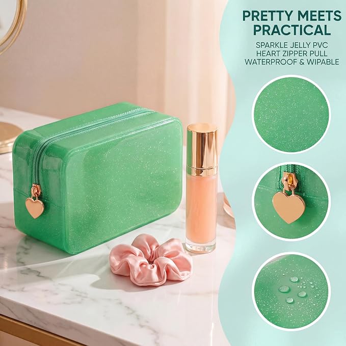 RSRSLEII Stardust Twinkle Jelly Travel Makeup & Toiletry Bag, Waterproof PVC Cosmetic Bag/Case for Women，Zipper SPF Beach Bag for Sunscreen Skincare and Daily Essentials (04Green)