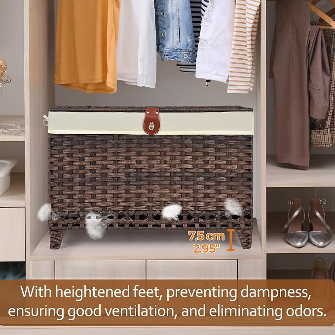Wicker Storage Basket with Lid, 160L Shelf Basket with Removable Liner Bag | Rattan-Inspired Woven Design, Elevated Feet, Storage Trunk for Wardrobe, Bedroom & Home Organization