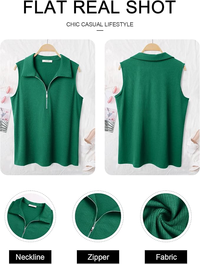 Vivilli Womens Ribbed Tank Top Zipper V Neck Dressy Casual Blouses Sleeveless Camisole Tops Work Tank Polo Shirts