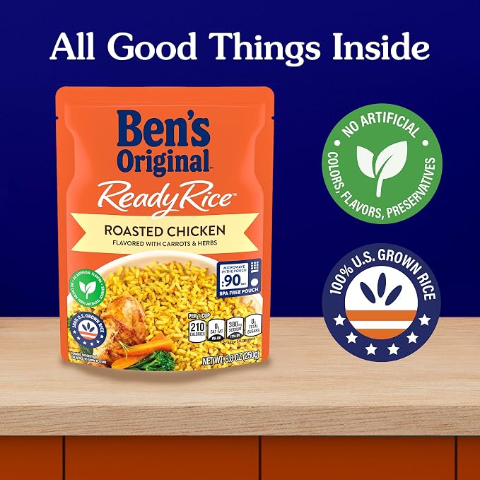 BEN'S ORIGINAL Ready Rice Roasted Chicken Flavored Rice,Easy Dinner Side,8.8 OZ Pouch,(Pack of 12)