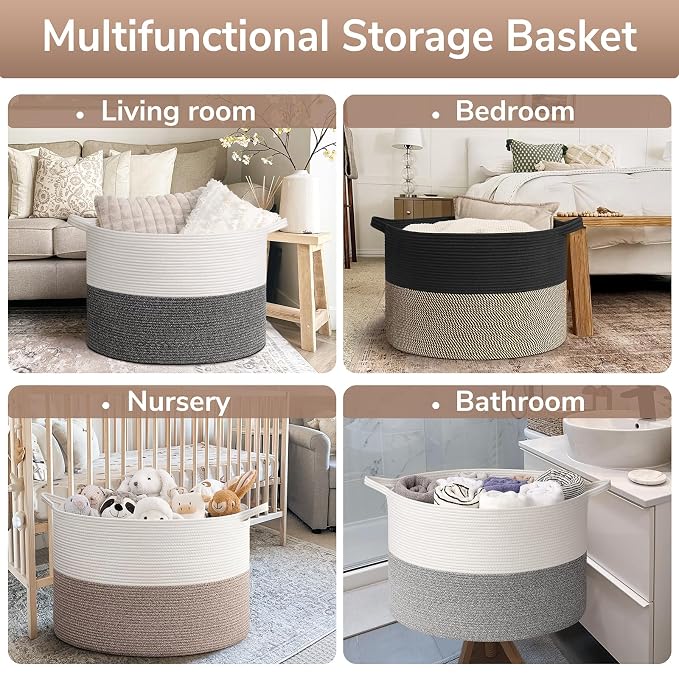 Goodpick 115L Extra Large Blanket Basket, Kids Toy Storage for Nusery Room | 23.5 x 23.5 x 15.8 In Woven Basket for Storage, Kids Toy Storage for Playroom, Laundry Basket for Towels, Black & Mix Jute