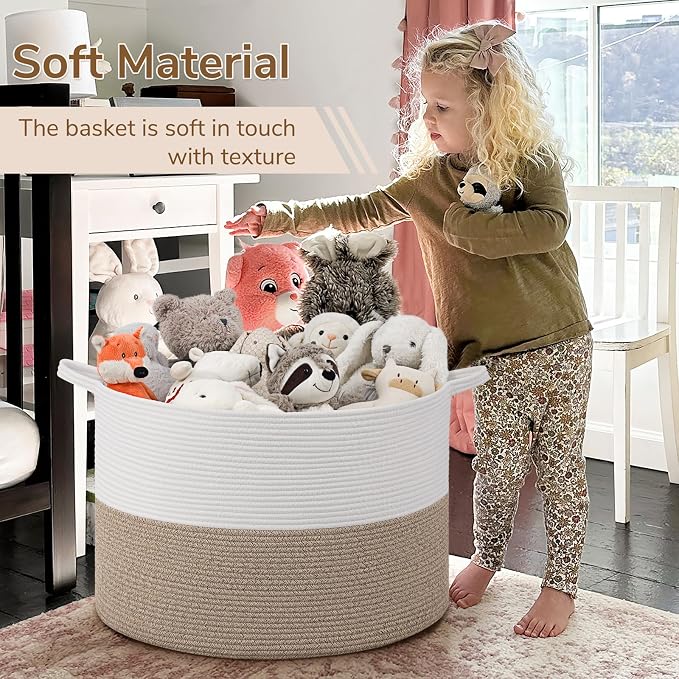 INDRESSME 115L Extra Large Woven Rope Blanket Basket Living Room LightBrown | 23.6" x 15.7" Storage baskets for toys laundry & pillows. Fits living room, bedroom or nursery décor. Soft-touch with handles