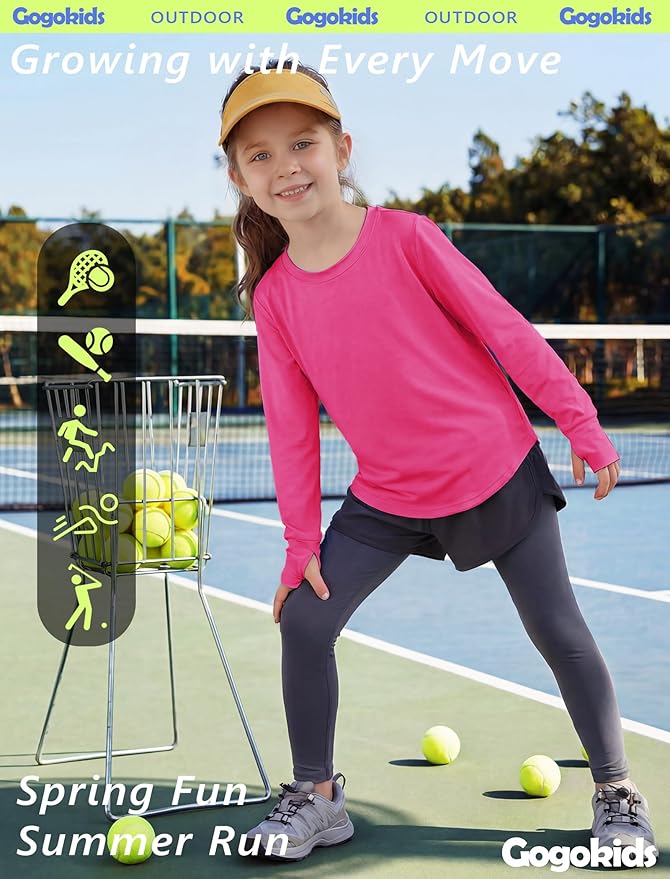 Gogokids Girls Shirts Long Sleeve Athletic Shirts Open Back Tops Active Sports Tshirts Yoga Workout Crop Tees 5-14 Years