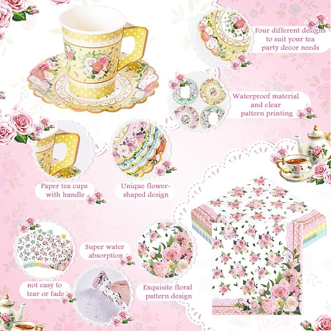SUMMORO 180 Pcs Floral Paper Tea Cups and Plates 9 OZ Disposable Paper TeaCups and Saucers with Tea Party Napkins Set for Tea Party Decoration Birthday Wedding Bridal Shower Party Supplies