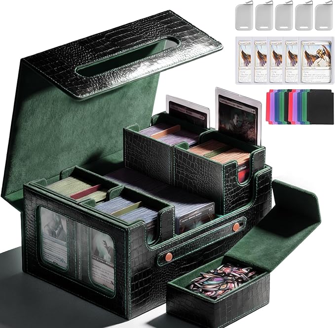 Premium Trading Card Storage Case TCG Deck Box Holds 800+ Sleeved Cards for MTG, YuGiOh, Uno, Sport with Strong Magnet Closure (4IN1BlackGreen)