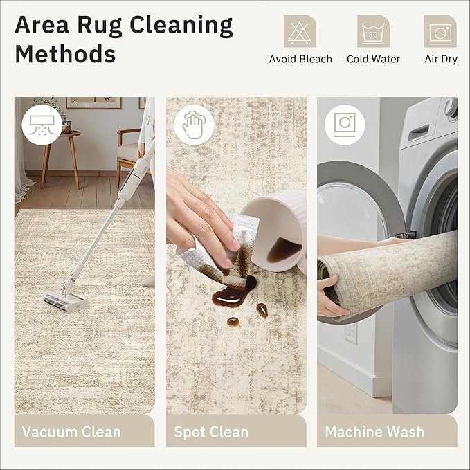 Soalmost Washable Runner Rug 2'6"x8' Kitchen Hallway Runners Beige | Soft Non-Slip 2.5x8ft Carpet for Entryway Bathroom, Low Pile Vintage Foldable Floor Mat for Corridor Laundry Room Bedroom