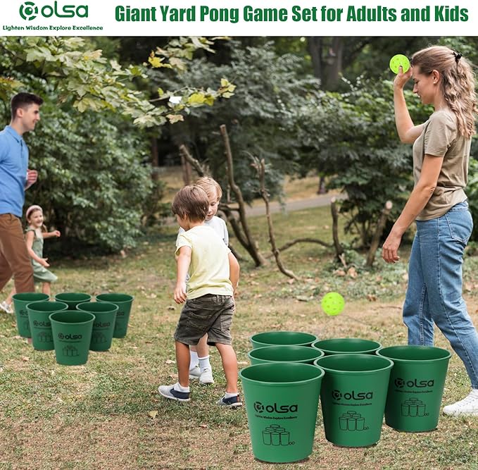 Olsa Yard Pong Outdoor Games, Giant Yard Pong Yard Game with 12 Buckets, Balls, Strength Carrying Bag for Backyard Beach Lawn Park Camping, Toss Outdoor Games for Adults and Family(Green)