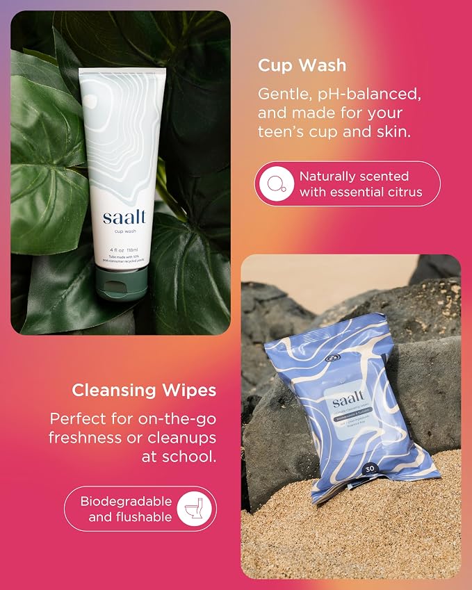 Saalt Teen First Period Kit - Includes Leakproof Period Underwear, Menstrual Cup, Menstrual Cup Wash, Compact Sanitizer, Feminine Wipes, Storage Bag, Saalt Stickers & Period Care 101 Booklet - X-Large
