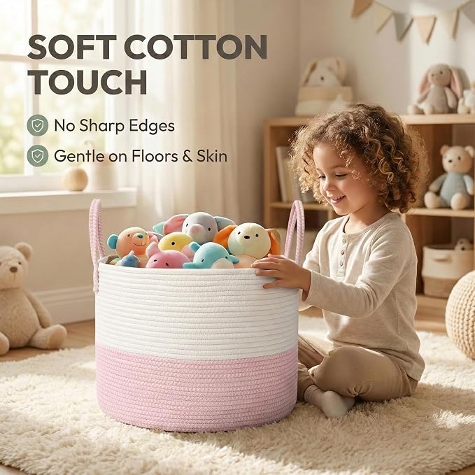 JMvicyroam 65L Extra Large Machine Washable Cotton Rope Blanket Basket | Collapsible laundry hamper, Reinforced handles, For blankets, pillows, toys and clothes, Living room and bedroom, White&Pink