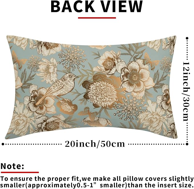 Vintage Floral Lumbar Pillow Covers 12X20 Inch Set of 2 Rose Gold Flowers Bird Butterfly Decorative Pillow Cases Blue Brown Cotton Linen Cushion Case Farmhouse Home Decor For Sofa Couch Living Room