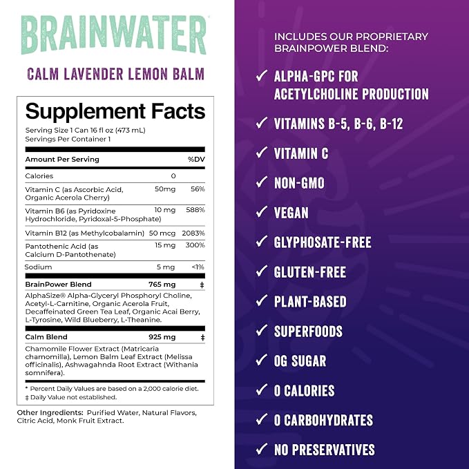 BrainJuice BrainWater Calm, Water for Clean Energy, Focus & Relaxation Support, Gluten Free, Zero Sugar Drinks with Ashwagandha, Alpha GPC, Vitamin C & B, Organic Green Tea, 8 Pack (Lavender Lemon)