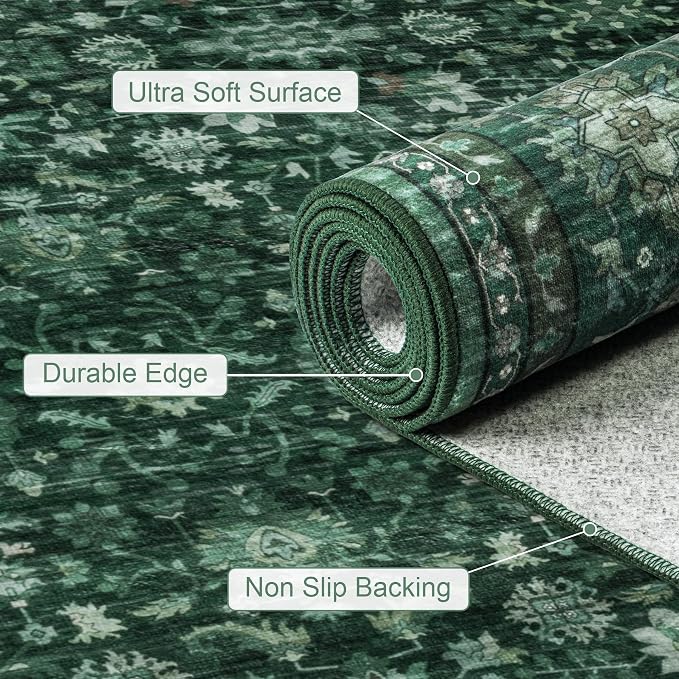 Area Rugs 10x14 Living Room Rug: Washable Rug Soft Vintage Distressed Floral Carpet Indoor Non-Slip Stain Resistant Large Carpets for Bedroom Dining Room Farmhouse Nursery Home Office Deep Green