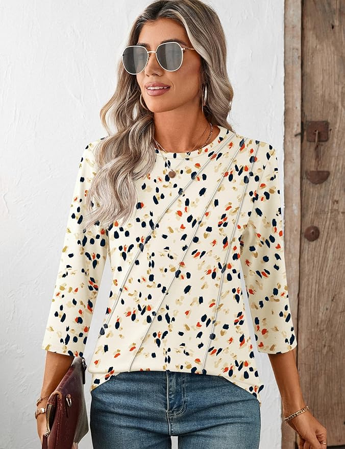 LOMON 3/4 Length Sleeve Womens Tops Spring Summer Fashion 2026 Tops Crew Neck Pleated Shirts Tunic Top Loose Fit