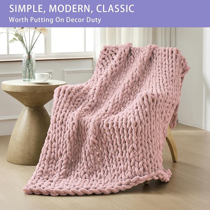 Bigacogo Chunky Knit Throw Blanket for Couch, 51x63 inches, Dusty Pink | Hand Knit with Jumbo Chenille, Soft Breathable Cable Knit for Sofa Bed Living Room, Machine Washable, Gift for Mom Friend