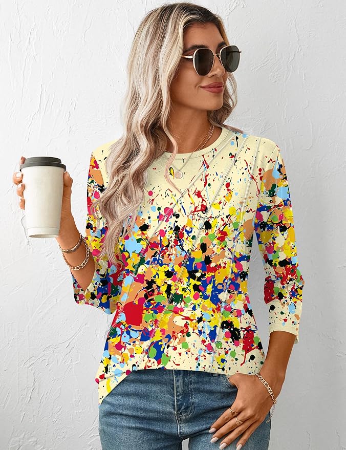 LOMON 3/4 Length Sleeve Womens Tops Spring Summer Fashion 2026 Tops Crew Neck Pleated Shirts Tunic Top Loose Fit