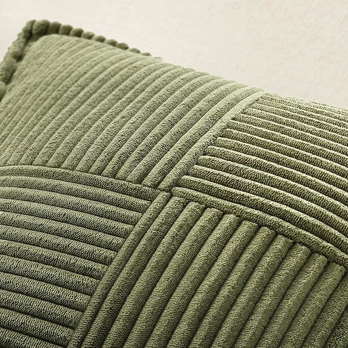MIULEE Decorative Throw Pillow Covers for Couch 20x20 Inch Olive Green | 2 Pack, Boho Broadside Striped Patchwork Pillow Covers, Soft Corduroy Cushion Cases, For Sofa Bed Livingroom Home Decor